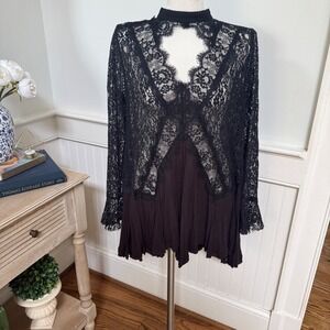 Free People Tell Tale Cutout Lace Long Sleeve Tunic Dress Black Whimsigoth M